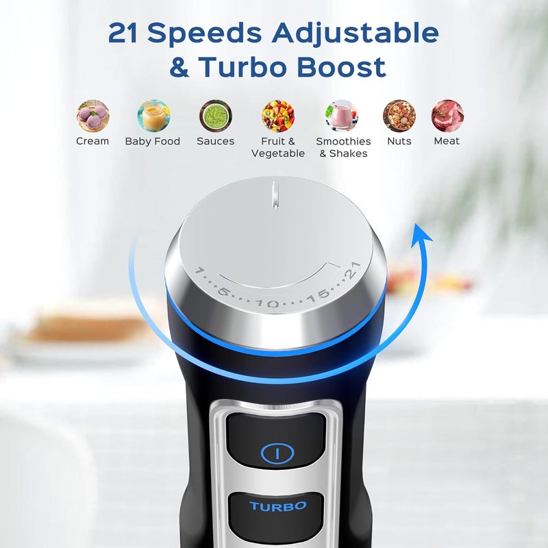 Gogocook Immersion Blender 5 in 1 Hand Blender, Electric Blenders Max 1000W Heavy Duty Motor, 21 Speed & Turbo Mode Handheld Blender, Milk Frother, Egg Whisk, 800ml Beaker, 600ml Chopper Stainless Steel Blades - Image 2